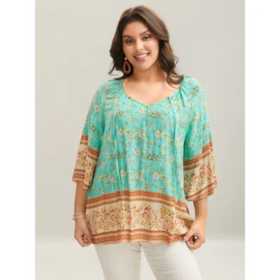 Bloomchic Women's Plus Size Boho Print Neck Ties Relaxed Fit Shirt Malachitegreen Ditsy Floral Vacation 3/4 Sl
