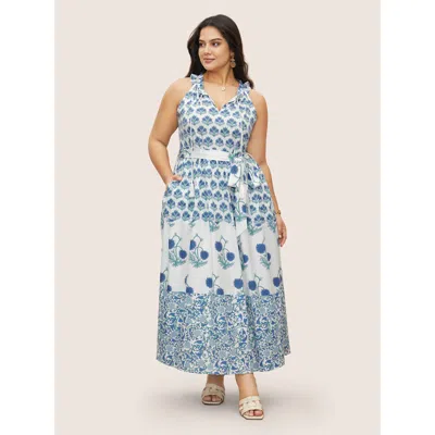 Bloomchic Women's Plus Size Boho Print Notched Collar Tassel Sleeveless Dress Blue Bohemian Print Midi Vacatio