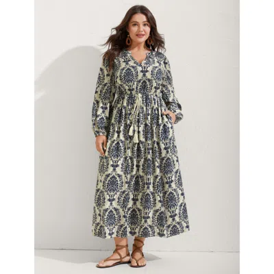 Bloomchic Women's Plus Size Boho Print Notched Tie Knot Maxi Dress Darkblue Tropical Maxi Vacation Bowknot 10/ In Blue