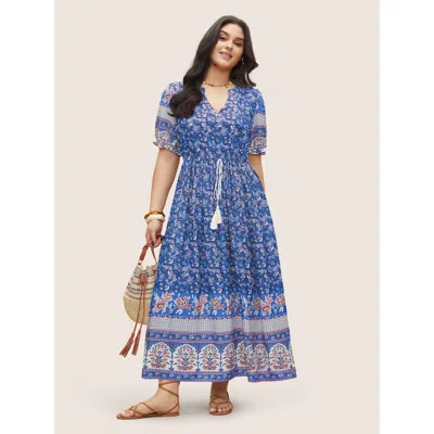 Bloomchic Women's Plus Size Boho Print Notched Ties Tassel Trim Dress Blue Floral Maxi Vacation Tassels 10/m