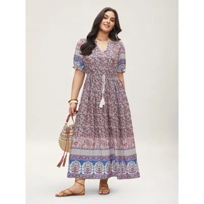 Bloomchic Boho Print Notched Ties Tassel Trim Dress In Brown