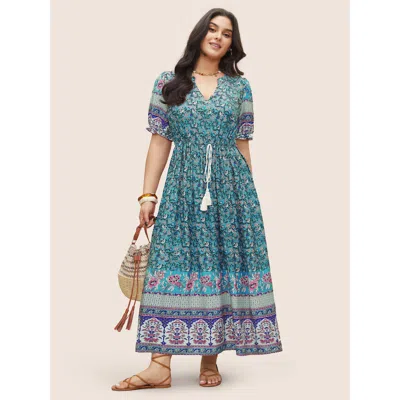 Bloomchic Women's Plus Size Boho Print Notched Ties Tassel Trim Dress Malachitegreen Floral Maxi Vacation Tass