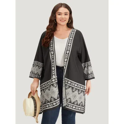 Bloomchic Women's Plus Size Boho Print Open Front Pocket Split Hem Kimono Black Printed Pocket 10/m