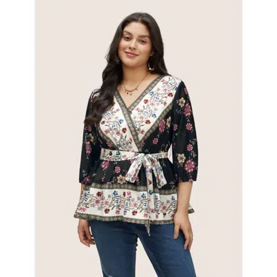 Bloomchic Women's Plus Size Boho Print Overlap Collar Belted Blouse Black Vacation 3/4 Sleeve 14-16/1x