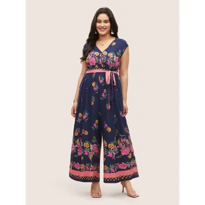 Bloomchic Women's Plus Size Boho Print Overlap Collar Belted Sleeveless Jumpsuit Indigo Vacation 28/5x In Purple