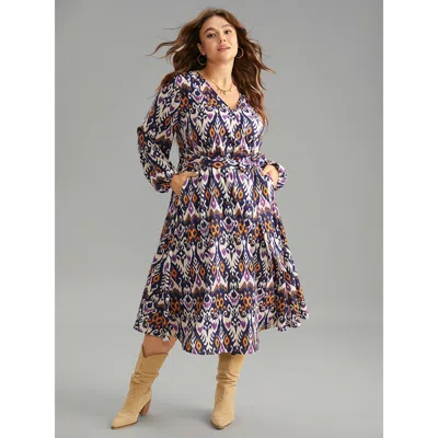 Bloomchic Women's Plus Size Boho Print Overlap Collar Elastic Waist Belted Dress Darkblue Vacation Elastic Cuf In Blue