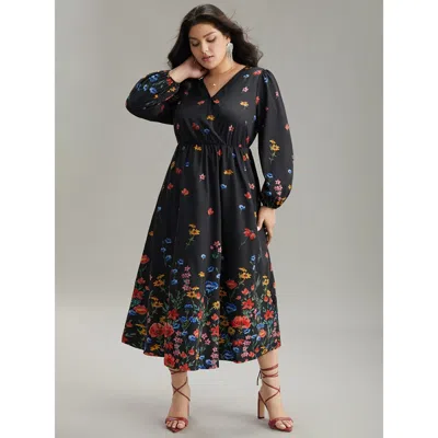 Bloomchic Women's Plus Size Boho Print Overlap Collar Lantern Sleeve Dress Black Dailywear Elastic Cuffs 10/m
