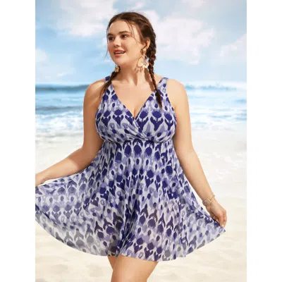 Bloomchic Women's Plus Size Boho Print Overlap Collar Mesh Swim Dress Navy Bohemian Print Tiered Adaptive-fit  In Blue