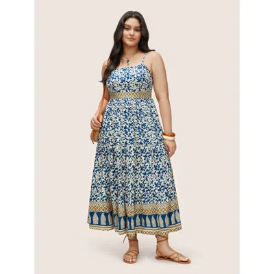 Bloomchic Women's Plus Size Boho Print Patchwork Adjustable Straps Cami Dress Darkblue Leaf Maxi Vacation Ruch In Blue