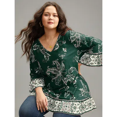 Bloomchic Women's Plus Size Boho Print Patchwork Bell Sleeve T-shirt Cyan 3/4 Sleeve Dailywear 10/m In Blue