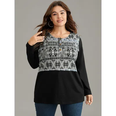 Bloomchic Women's Plus Size Boho Print Patchwork Button Up T-shirt Black Dailywear Long Sleeve 10/m