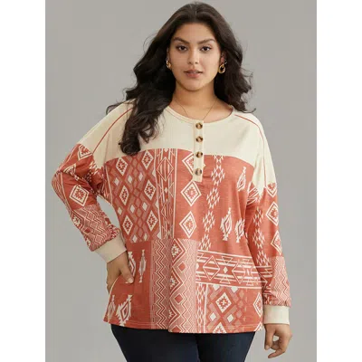 Bloomchic Women's Plus Size Boho Print Patchwork Contrast Button Up Sweatshirt Multicolor Bohemian Print Daily