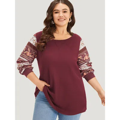 Bloomchic Women's Plus Size Boho Print Patchwork Crew Neck Sweatshirt Scarlet Not Graphics Everyday Round Neck In Red