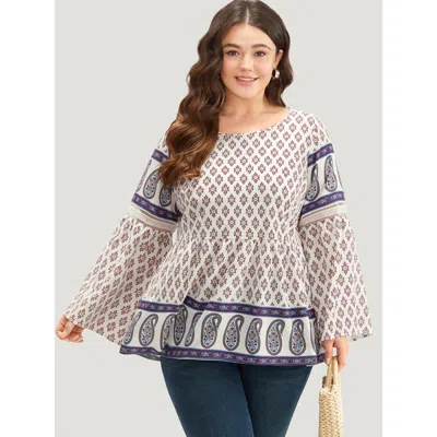 Bloomchic Women's Plus Size Boho Print Patchwork Lace Crew Neck Flutter Sleeve Blouse Beige Vacation Long Slee In Sand