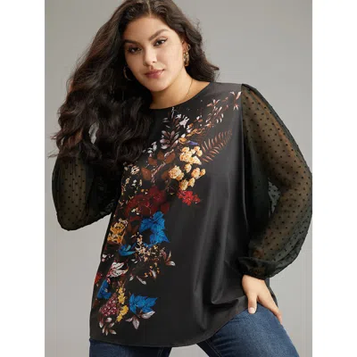 Bloomchic Women's Plus Size Boho Print Patchwork Mesh Lantern Sleeve Blouse Black Dailywear Long Sleeve 12/l