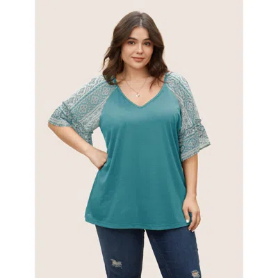 Bloomchic Women's Plus Size Boho Print Patchwork Raglan Sleeve T-shirt Arctic Short Sleeve Vacation V-neck 10/ In White