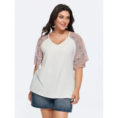 Bloomchic Women's Plus Size Boho Print Patchwork Raglan Sleeve T-shirt Ivory Short Sleeve Vacation V-neck 10/m In White