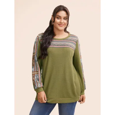 Bloomchic Women's Plus Size Boho Print Patchwork Waffle Knit Crew Neck Sweatshirt Armygreen Bohemian Print Cas