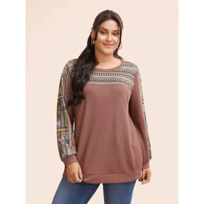 Bloomchic Women's Plus Size Boho Print Patchwork Waffle Knit Crew Neck Sweatshirt Dustypink Bohemian Print Cas In Pink