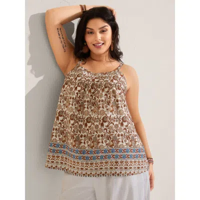 Bloomchic Women's Plus Size Boho Print Pleated Tank Top Yellowishbrown Vacation Relaxed Fit Fit & Flare Round 