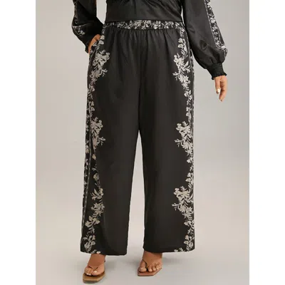 Bloomchic Women's Plus Size Boho Print Pocket Elastic Waist Pants Blackflower High Rise Dailywear 10/m