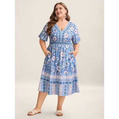 Bloomchic Women's Plus Size Boho Print Pockets V-neck Midi Dress Mediumblue Floral Midi Vacation Smocked 10/m