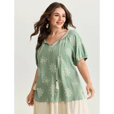 Bloomchic Women's Plus Size Boho Print Puffy Sleeve Blouse Greenbean Vacation Short Sleeve V-notch Neck 18-20/