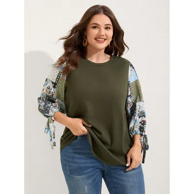 Bloomchic Women's Plus Size Boho Print Ribbed Sleeve Tie Sweatshirt Armygreen Not Graphics Vacation Round Neck