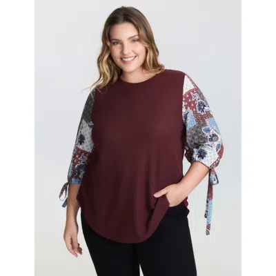 Bloomchic Women's Plus Size Boho Print Ribbed Sleeve Tie Sweatshirt Burgundy Not Graphics Vacation Round Neck 