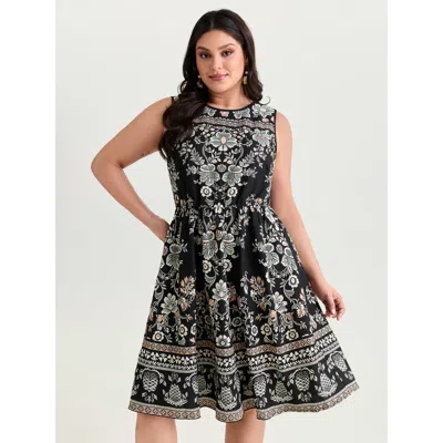 Bloomchic Women's Plus Size Boho Print Round Neck A-line Mini Dress Black Ethnic Floral Maxi Elegant Smocked 1