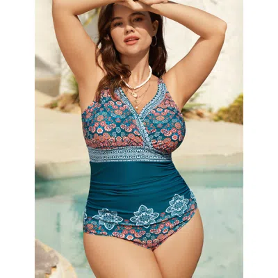 Bloomchic Women's Plus Size Boho Print Ruched One-piece Swimsuit Cyan Ethnic Floral Ruched Adaptive-fit 28/5x In Blue