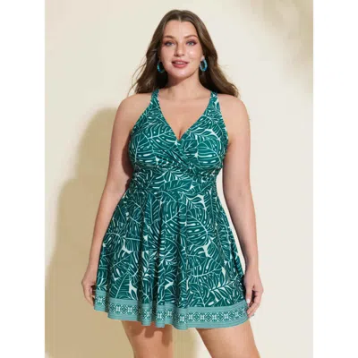 Bloomchic Women's Plus Size Boho Print Ruched Pockets Swim Dress Cyan Botanical Non Adaptive-fit 26/4x In Blue