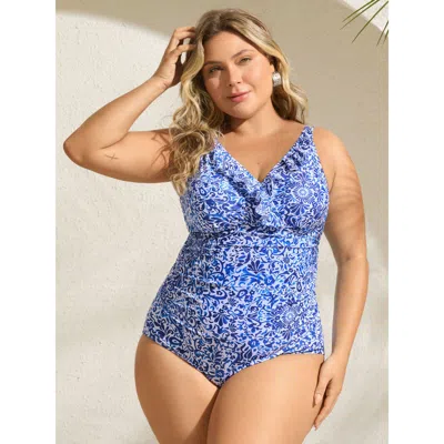 Bloomchic Women's Plus Size Boho Print Ruffled One-piece Swimsuit Cerulean Paisley Ruched Adaptive-fit 30/6x In Blue