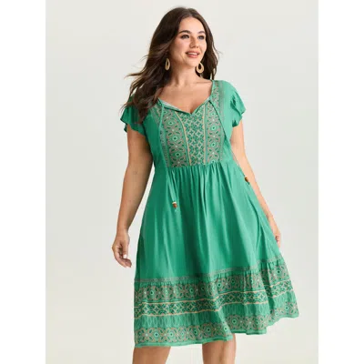 Bloomchic Women's Plus Size Boho Print Ruffled Sleeve Mini Dress Emerald Ethnic Floral Mini Vacation Beaded 12 In Green