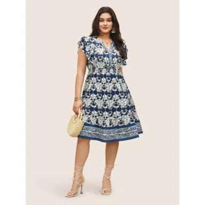 Bloomchic Women's Plus Size Boho Print Ruffles Shirred Pocket Elastic Waist Dress Darkblue Graphic Mini Vacati In Blue