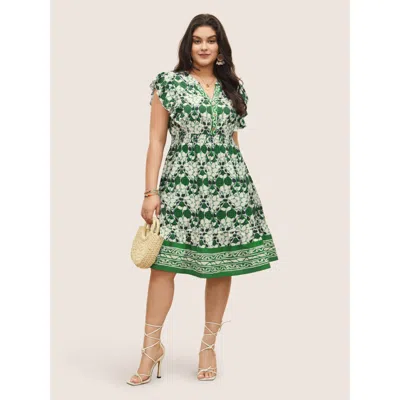 Bloomchic Women's Plus Size Boho Print Ruffles Shirred Pocket Elastic Waist Dress Green Graphic Mini Vacation 