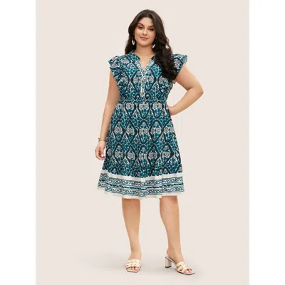Bloomchic Women's Plus Size Boho Print Ruffles Shirred Pocket Elastic Waist Dress Teal Graphic Mini Vacation R In Blue