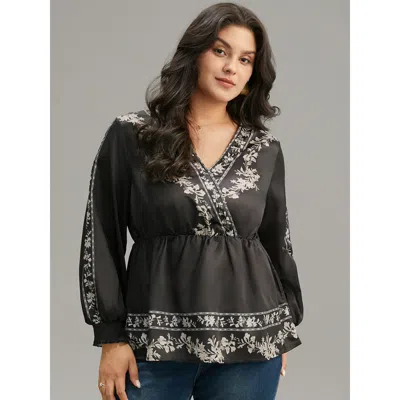 Bloomchic Women's Plus Size Boho Print Shirred Lantern Sleeve Blouse Blackflower Vacation Long Sleeve 10/m