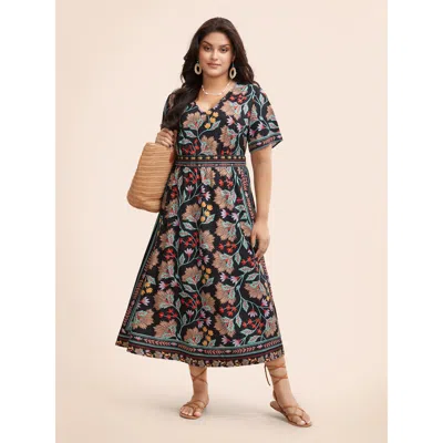 Bloomchic Women's Plus Size Boho Print Shirred Pocket Midi Dress Black Floral Midi Vacation Smocked 30/6x