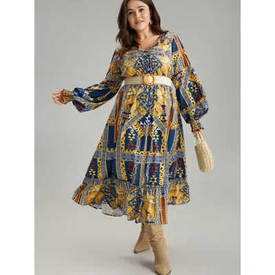 Bloomchic Women's Plus Size Boho Print Shirred Pocket Ruffle Hem Dress Darkblue Dailywear Printed 12/l In Blue
