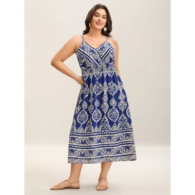 Bloomchic Women's Plus Size Boho Print Shirred Pockets Midi Dress Darkblue Bohemian Print Midi Vacation 30/6x In Blue