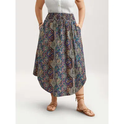 Bloomchic Women's Plus Size Boho Print Shirred Waist Midi Skirt Multicolor Smocked A-line Vacation 28/5x