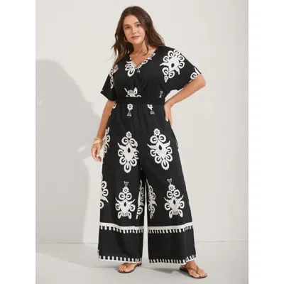 Bloomchic Women's Plus Size Boho Print Shirred Waist Surplice Jumpsuit Black Vacation Relaxed Fit 30/6x