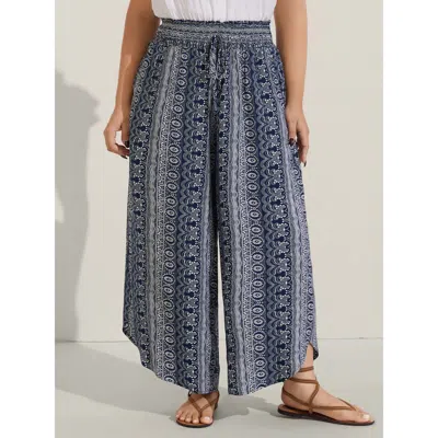 Bloomchic Women's Plus Size Boho Print Shirred Waist Wide-leg Pants Indigo Geometric Tulip Mid Rise Vacation 1 In Purple