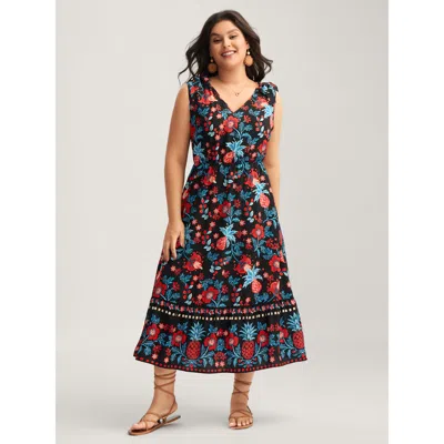 Bloomchic Women's Plus Size Boho Print Shoulder Tie Midi Dress Multicolor Floral Midi Vacation Gathered 30/6x