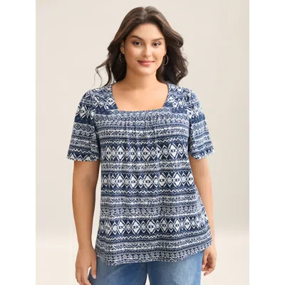 Bloomchic Women's Plus Size Boho Print Square Neck T-shirt Indigo Graphic Vacation Short Sleeve Square Neck 10 In Purple