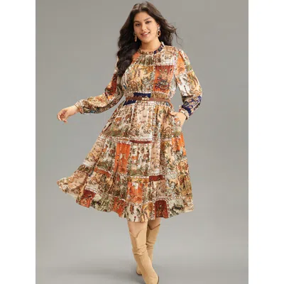 Bloomchic Women's Plus Size Boho Print Stand Collar Pleated Lantern Sleeve Dress Chocolate Vacation Elastic Cu In Brown