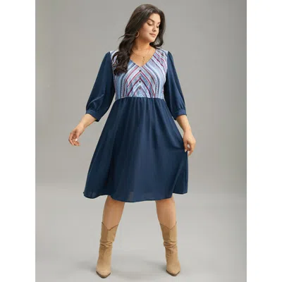 Bloomchic Women's Plus Size Boho Print Striped Patchwork Lantern Sleeve Dress Indigo Dailywear Printed 18-20/2 In Purple