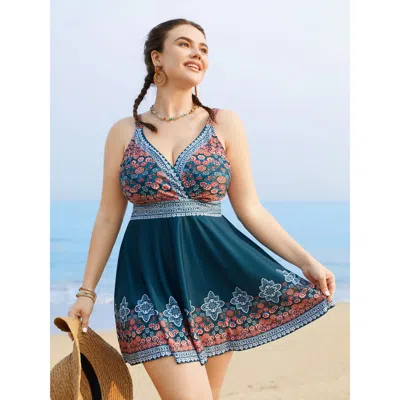 Bloomchic Women's Plus Size Boho Print Surplice Neck Adjustable Swim Dress Cyan Ethnic Floral Non Adaptive-fit In Blue