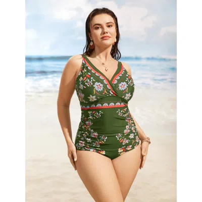 Bloomchic Women's Plus Size Boho Print Surplice Neck Ruched One Piece Swimsuit Armygreen Ethnic Floral Ruched 